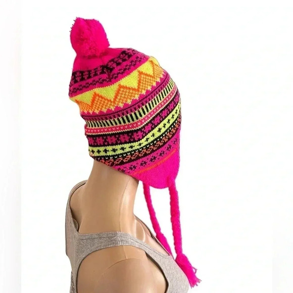 NWOT Full Coverage Beanie Flourescent Pink,Orange,Yellow and Black with Pom Pon - Picture 2 of 5